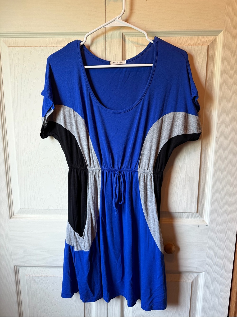 tea n rose Blue Colorblock Drawstring Waist Dress with Gray and Black Accents